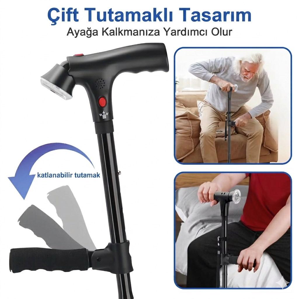 Vitastep Akıllı Baston - Katlanabilir, Işıklı, Alarmlı, Çift Tutamaklı ve 4 Ayaklı Denge Bastonu