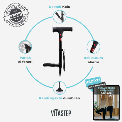 Vitastep Akıllı Baston - Katlanabilir, Işıklı, Alarmlı, Çift Tutamaklı ve 4 Ayaklı Denge Bastonu