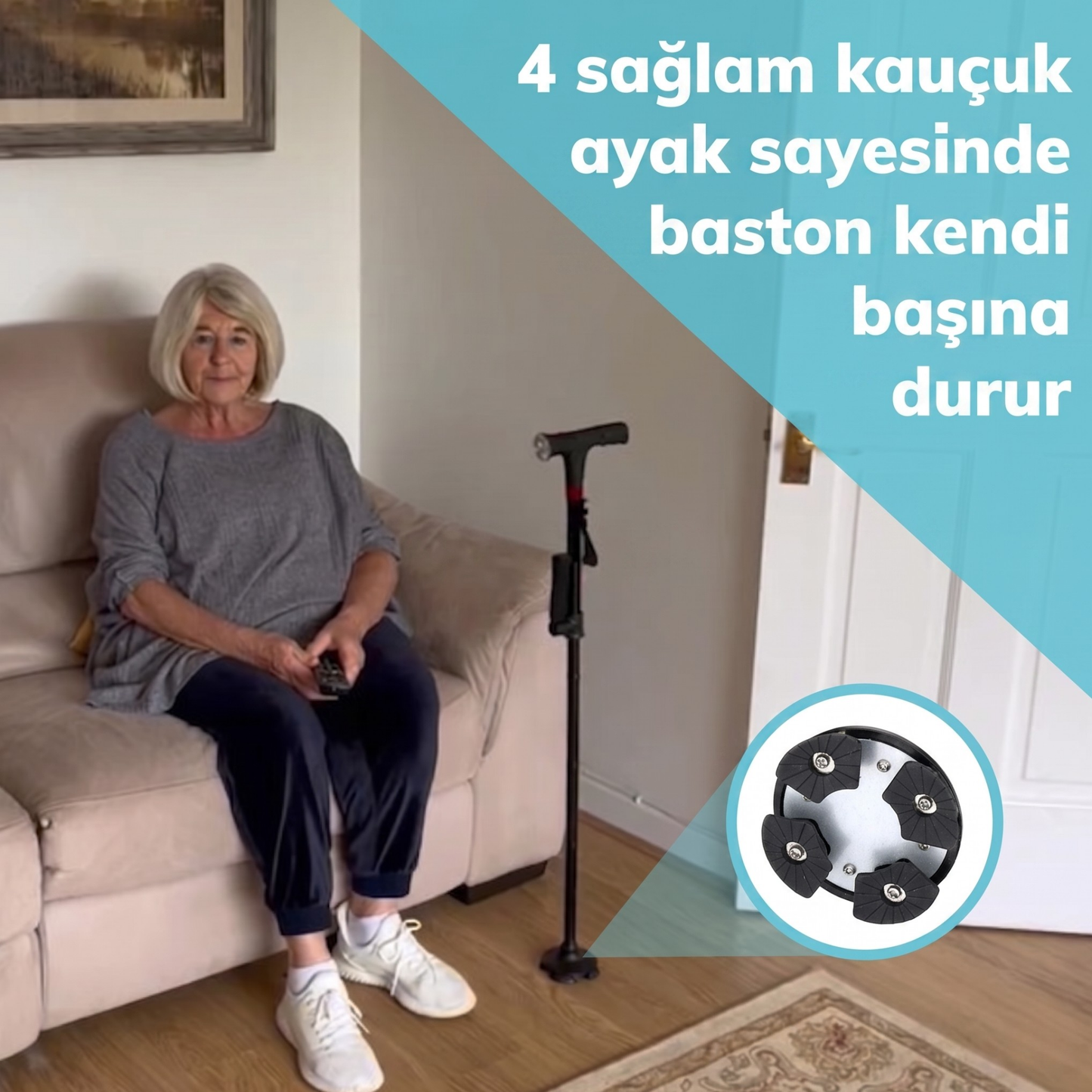 Vitastep Akıllı Baston - Katlanabilir, Işıklı, Alarmlı, Çift Tutamaklı ve 4 Ayaklı Denge Bastonu