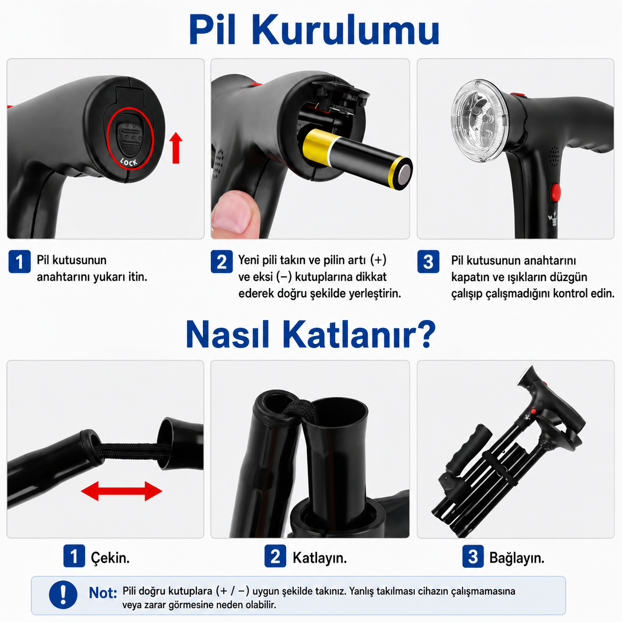 Vitastep Akıllı Baston - Katlanabilir, Işıklı, Alarmlı, Çift Tutamaklı ve 4 Ayaklı Denge Bastonu