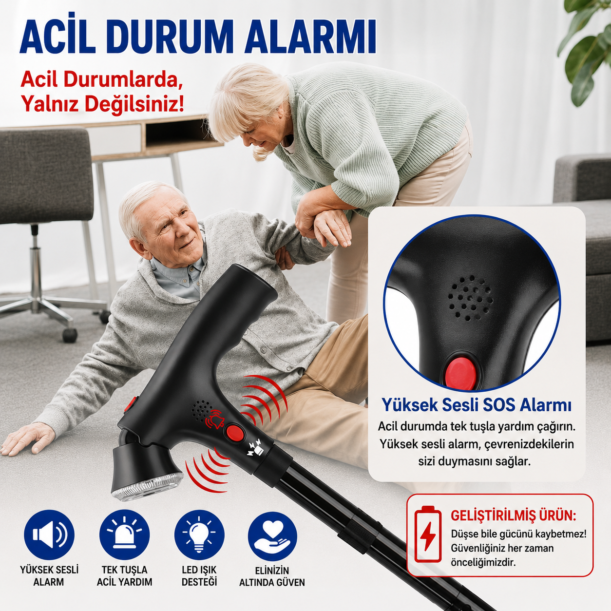 Vitastep Akıllı Baston - Katlanabilir, Işıklı, Alarmlı, Çift Tutamaklı ve 4 Ayaklı Denge Bastonu