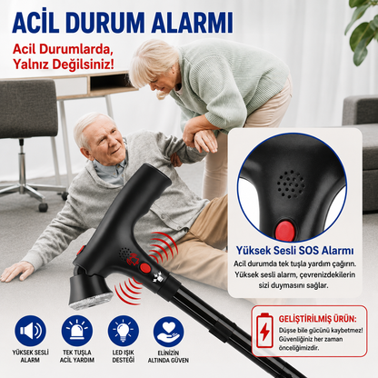Vitastep Akıllı Baston - Katlanabilir, Işıklı, Alarmlı, Çift Tutamaklı ve 4 Ayaklı Denge Bastonu