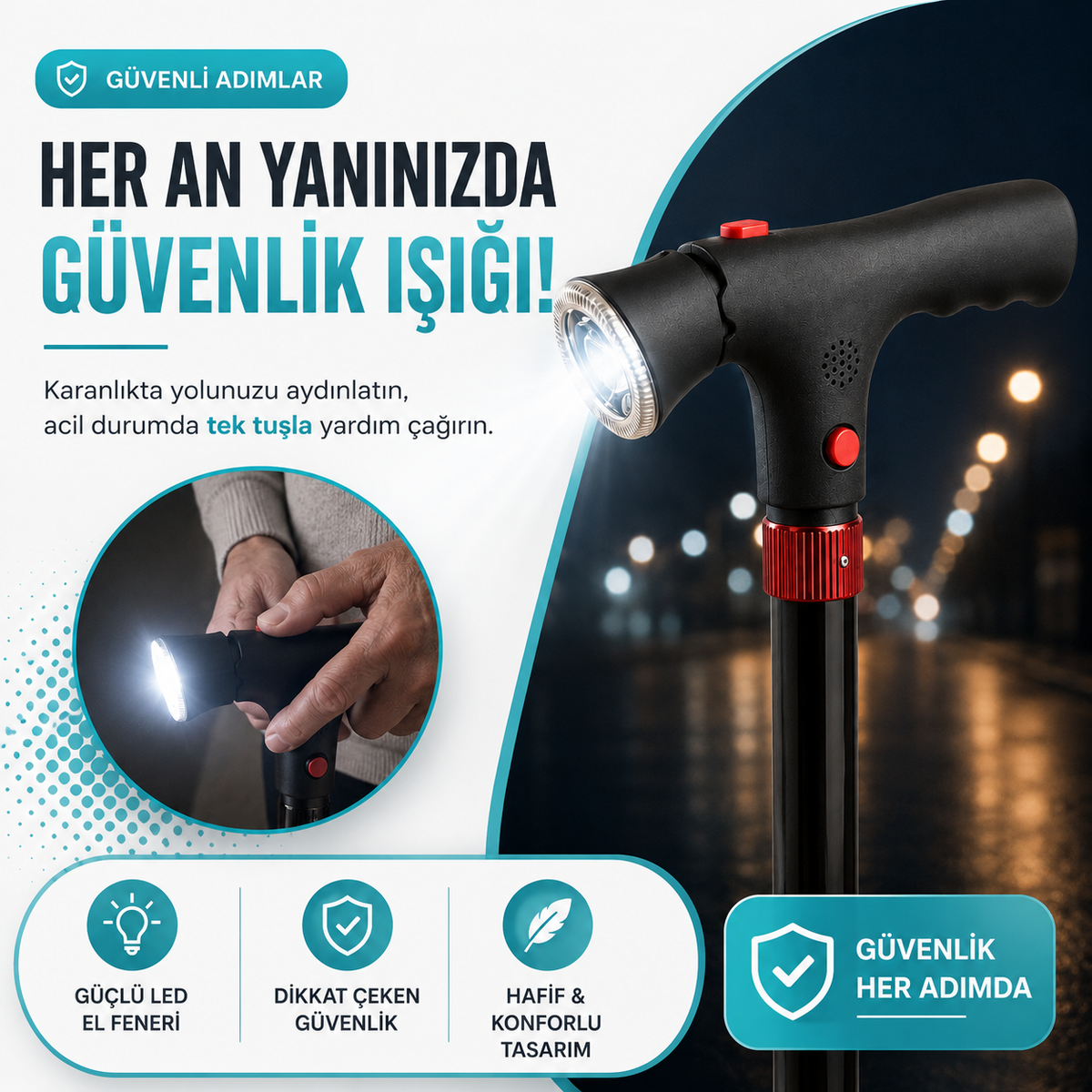 Vitastep Akıllı Baston - Katlanabilir, Işıklı, Alarmlı, Çift Tutamaklı ve 4 Ayaklı Denge Bastonu