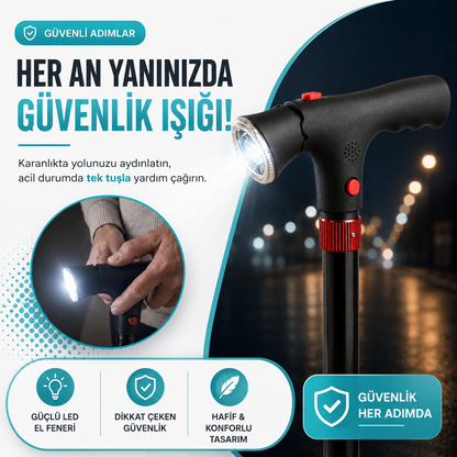 Vitastep Akıllı Baston - Katlanabilir, Işıklı, Alarmlı, Çift Tutamaklı ve 4 Ayaklı Denge Bastonu