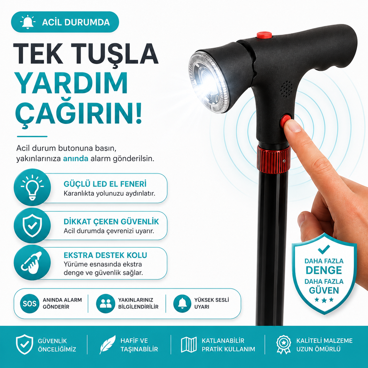 Vitastep Akıllı Baston - Katlanabilir, Işıklı, Alarmlı, Çift Tutamaklı ve 4 Ayaklı Denge Bastonu