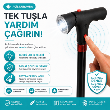 Vitastep Akıllı Baston - Katlanabilir, Işıklı, Alarmlı, Çift Tutamaklı ve 4 Ayaklı Denge Bastonu