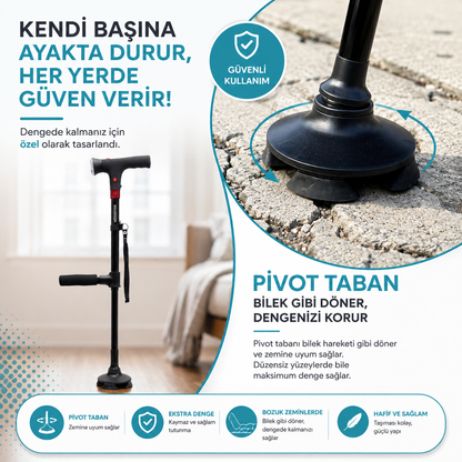 Vitastep Akıllı Baston - Katlanabilir, Işıklı, Alarmlı, Çift Tutamaklı ve 4 Ayaklı Denge Bastonu