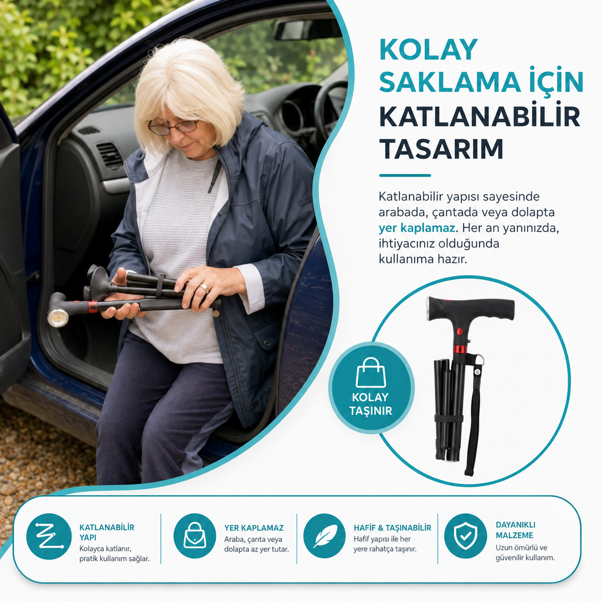 Vitastep Akıllı Baston - Katlanabilir, Işıklı, Alarmlı, Çift Tutamaklı ve 4 Ayaklı Denge Bastonu
