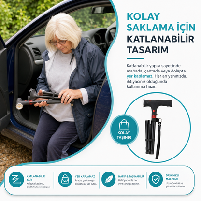 Vitastep Akıllı Baston - Katlanabilir, Işıklı, Alarmlı, Çift Tutamaklı ve 4 Ayaklı Denge Bastonu