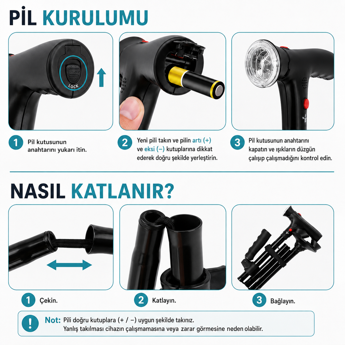 Vitastep Akıllı Baston - Katlanabilir, Işıklı, Alarmlı, Çift Tutamaklı ve 4 Ayaklı Denge Bastonu