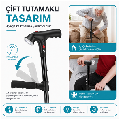 Vitastep Akıllı Baston - Katlanabilir, Işıklı, Alarmlı, Çift Tutamaklı ve 4 Ayaklı Denge Bastonu