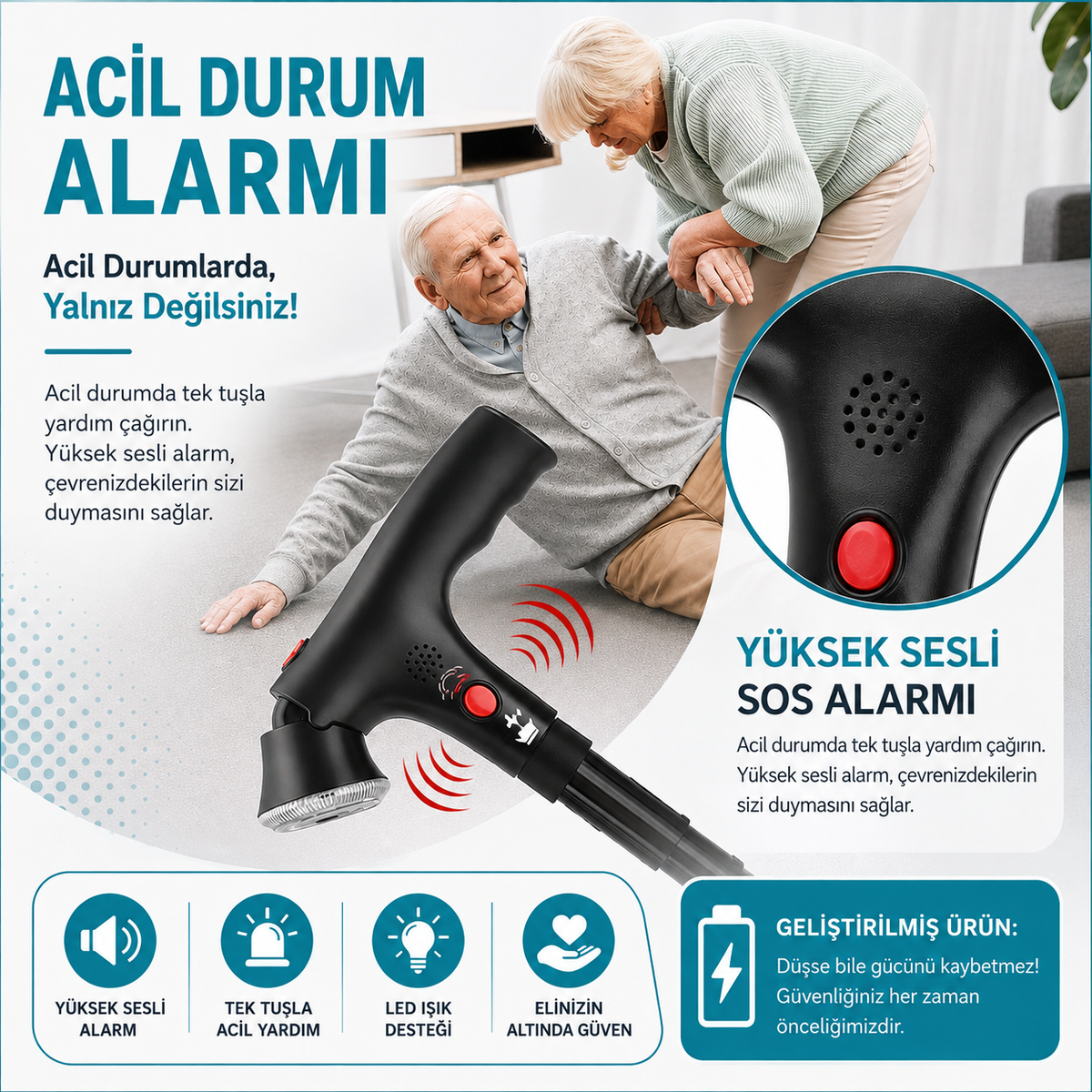 Vitastep Akıllı Baston - Katlanabilir, Işıklı, Alarmlı, Çift Tutamaklı ve 4 Ayaklı Denge Bastonu